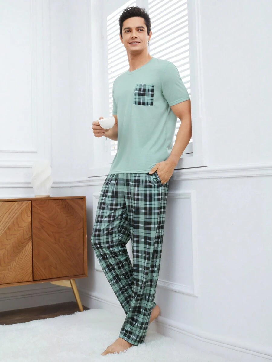 Nam Kiểm tra Mẫu Ngắn tay Áo Và Dài Quần Bộ mặc nhà Với túi - Màu xanh nhạt - Xem 1