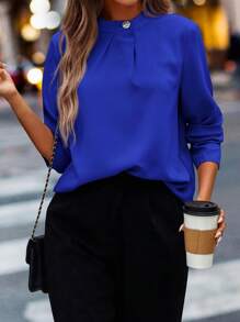 SHEIN Clasi Blusa unicolor con detalle de botones - azul real - Ver 5