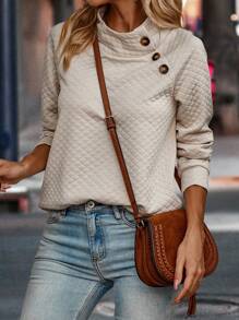 SHEIN LUNE Áo nỉ tay raglan cài nút chắc chắn, thích hợp cho lễ tốt nghiệp, tựu trường, lễ tốt nghiệp, giáo viên, áo nỉ mùa thu cho mùa tựu trường. - Màu be - Xem 4