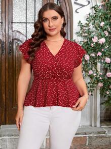 SHEIN Clasi Plus Size Butterfly Sleeve Sweet Red Summer T-Shirt With Heart Pattern