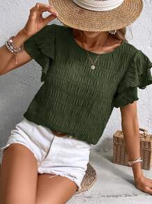EMERY ROSE Women's Round Neck Ruffle Sleeve Blouse - Army Green - View 3