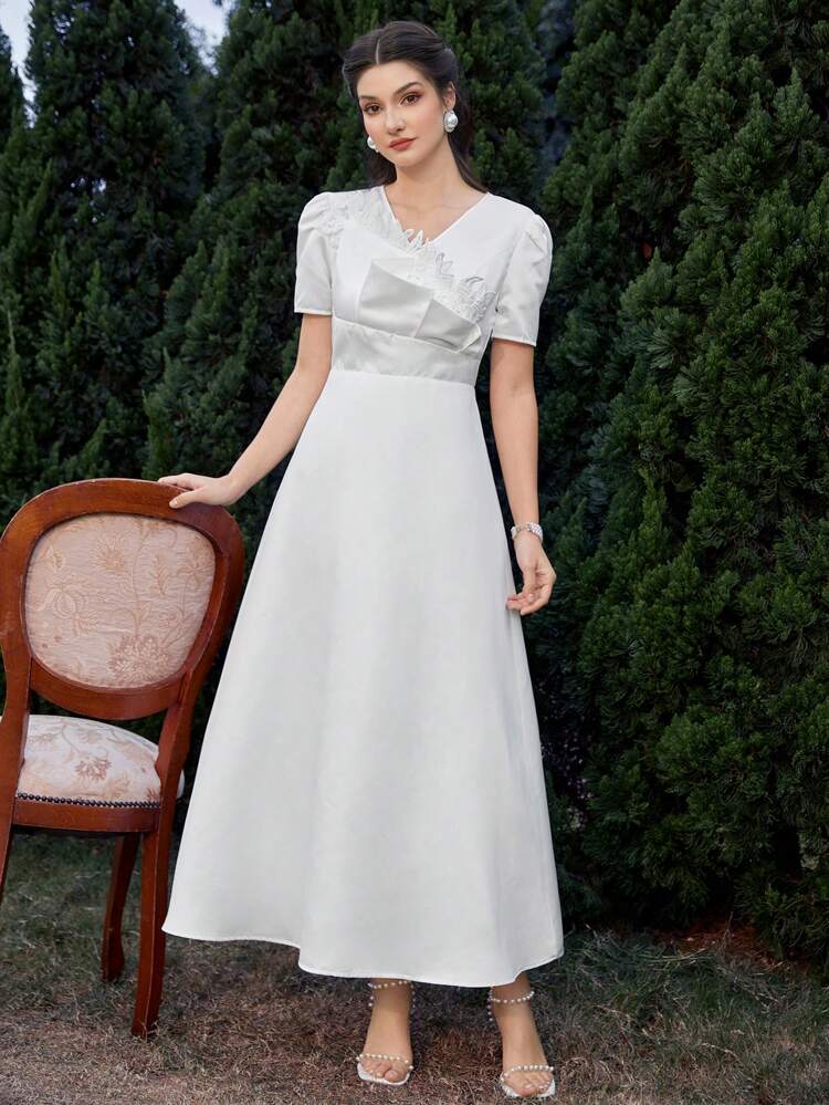 Women's Embroidery Splice Bubble Sleeve Dress Church Dress Long Evening Dresses