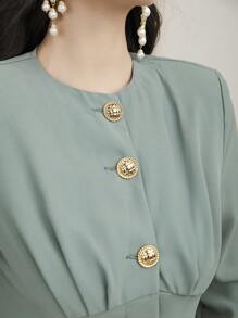 Modelyn Solid Color Button Through Long Sleeve Dress - Green - View 8