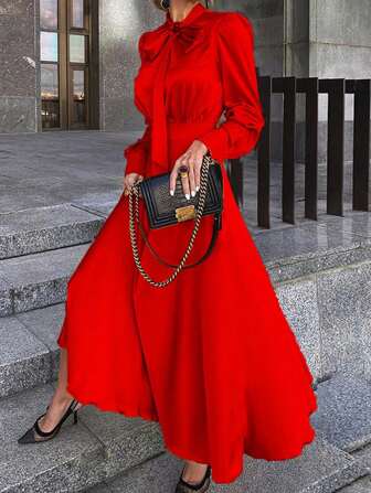 فستان أنيق بأكمام طويلة بطراز عربي كلاسيكي للنساء بلون أحمر