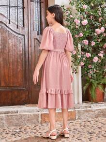 SHEIN Sukienka dla dziewczynki Tween ze skrzyżowanym dekoltem, bufiastymi rękawami, zakładkami na plecach i marszczonym dołem Pasująca do strojów mama i ja (2 sztuki sprzedawane osobno) - Różowy - Zobacz 8