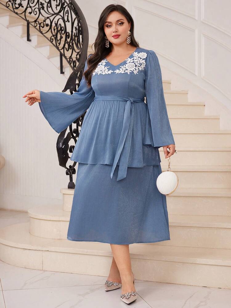 Plus Size V-Neck Bell Sleeve Dress Long Evening Dresses