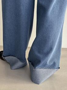 FRIFUL Flared Leg Denim Pants With Cuffed Hem,Baggy Jeans - Light Wash - View 7
