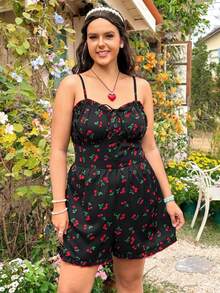 Dreamara 大尺寸女性櫻桃印花荷葉邊背心連體褲 - 黃色 - 查看 4