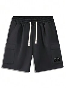 Men's Summer New Fashionable Letter Print Drawstring Waist Sports Cargo Shorts With Details,Bermuda Shorts
