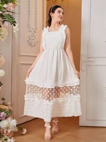 Teen Girl Polka Dot Mesh Joint Ruffle Detail Dress - White - View 5