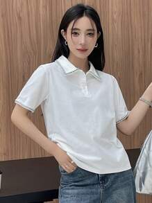 DAZY 女士立領休閒基礎短袖t卹 - 白色 - 查看 6