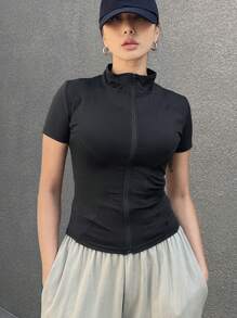 DAZY Của phụ nữ Thon gọn Mặt trước Dây kéo Áo thun - màu đen - Xem 4