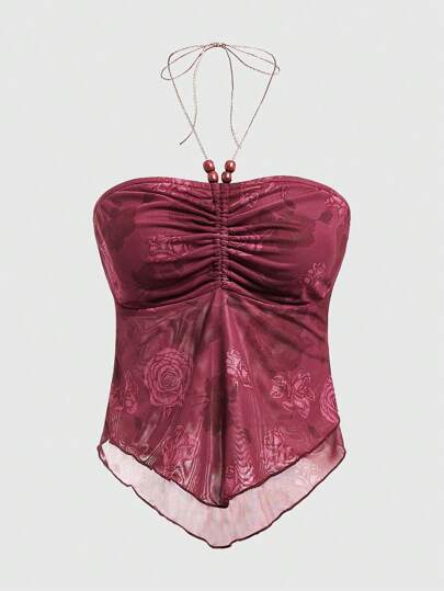 Top De Tanque Para Mujeres Con Cuello Halter De Cordón Y Diseño Floral