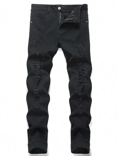 Manfinity LEGND Men Cotton Slant Pocket Ripped Jeans Plain Slim Fit Dark Jeans Long Plain Black Washed Cargo Jeans, For Husband, Boyfriend Gifts, Ripped Black Jeans Men, Black Distressed Jeans, Black Ripped Jeans