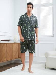 男士有口袋印花扣襯衫和短褲家居服套裝