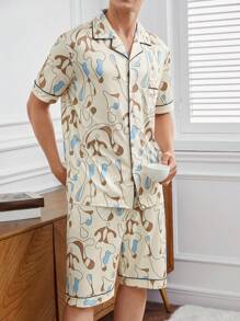 Men's Full Print Design Contrast Piping Pajama Set For Home - Beige - View 5