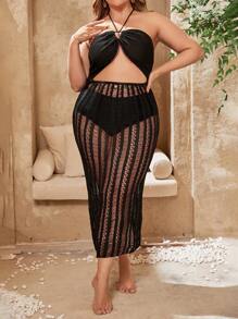 SHEIN Swim Curve 大码女式镂空腰部挂脖式后背系带罩衫 夏季 - 黑色 - 查看 3