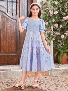 SHEIN Tween Girl Flower Printed Dress With Puff Sleeves, Smocked Top And Ruffle Detailing, Mommy And Me Matching Outfits (2 Pieces Are Sold Separately) - Blue - View 7