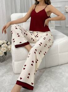 DUSKBASE Color Block Heart Print V-Neck Cami & Pants Pajama Set - Red and White - View 6