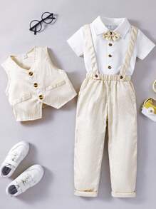 SHEIN Young Boy's Short Sleeve Shirt, Single-Breasted Vest And Pants Set For Gentleman Style - Apricot - View 1