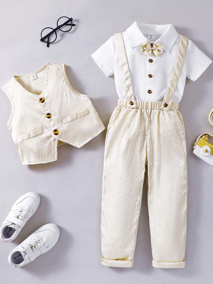 SHEIN Young Boy's Short Sleeve Shirt, Single-Breasted Vest And Pants Set For Gentleman Style - Apricot - View 1