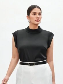 BizChic Plus Size Áo cổ đứng màu trơn, không tay, đa năng - màu đen - Xem 6