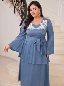 Modelyn Plus Size V-Neck Bell Sleeve Dress Long Evening Dresses - Blue - View 1