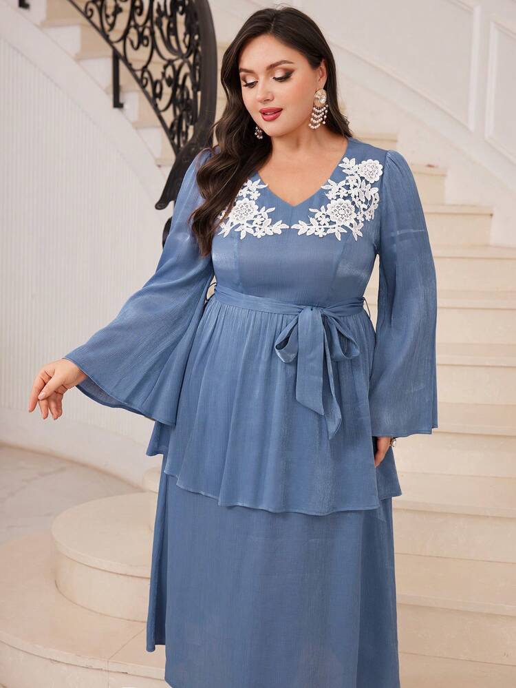 Plus Size V-Neck Bell Sleeve Dress Long Evening Dresses