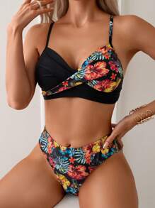 SHEIN Swim Women's Floral Printed Cross Back Design Two-Piece Bikini Set With Spaghetti Straps Summer Beach - Multicolor - View 1