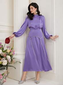 Modelyn Của phụ nữ Đứng cổ áo Tay áo lồng đèn Kiểu Ả Rập Đầm Với Pha lê Chỉnh trang - Màu tím - Xem 3