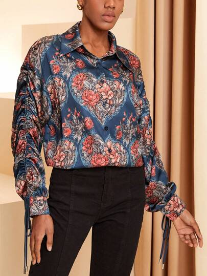 Claude Russell 设计师商务休闲宽松花卉印花抽绳长袖衬衫，适合假日、度假、春季、海滩、节日、伊比沙岛、办公室
