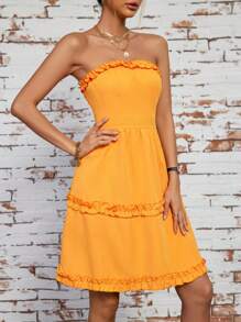 GENKIRA Của phụ nữ Màu thuần Xếp li Quây Đầm - trái cam - Xem 3