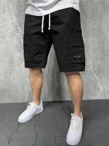 Men's Summer New Fashionable Letter Print Drawstring Waist Sports Cargo Shorts With Details,Bermuda Shorts