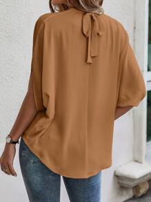 EMERY ROSE Tie Back Batwing Sleeve Solid Blouse - Brown - View 2