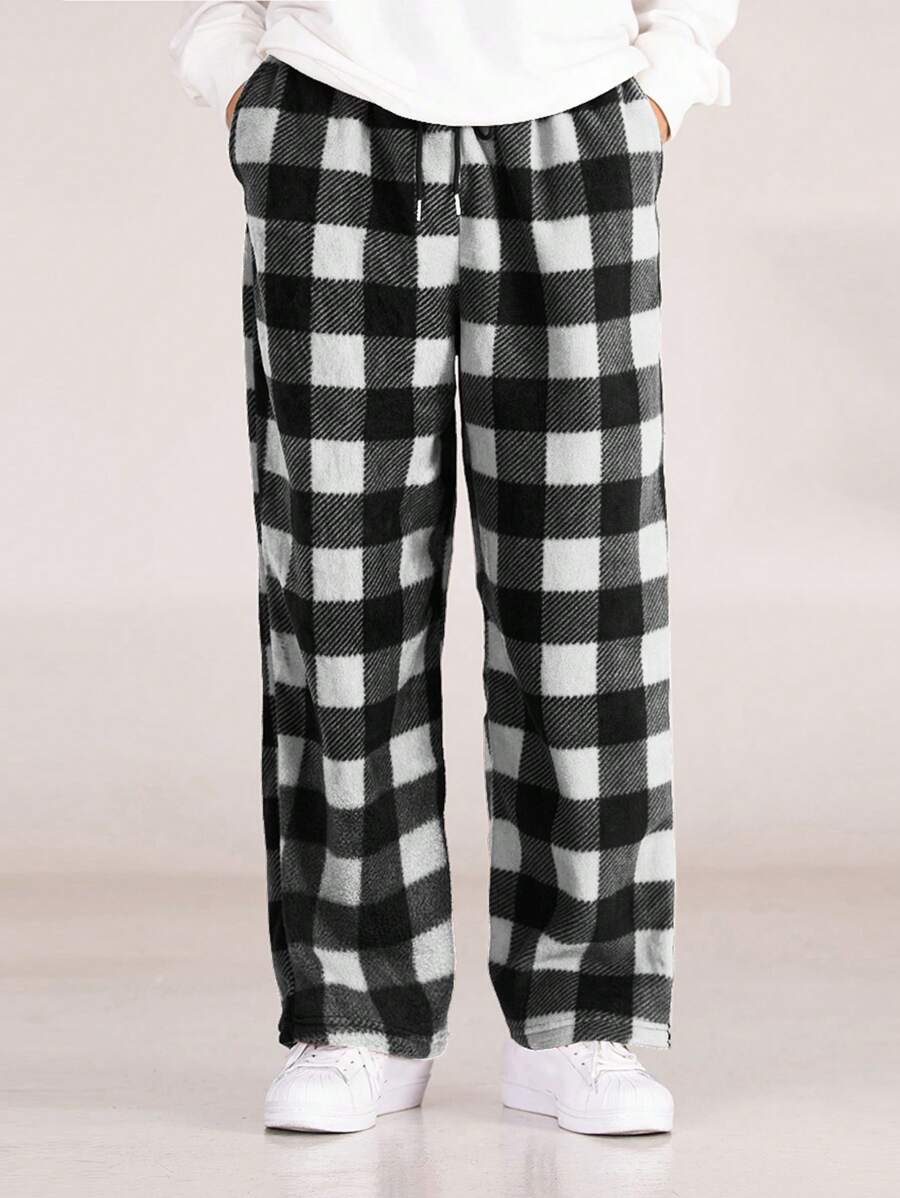 Manfinity EZcore Men's Gingham Pattern Slant Pocket Pants, For Fall Winter - Black and White - View 1
