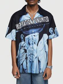 ROMWE MEN Street Life Men's Single-Breasted Sculpture Print Short Sleeve Shirt, Summer - Blue - View 5