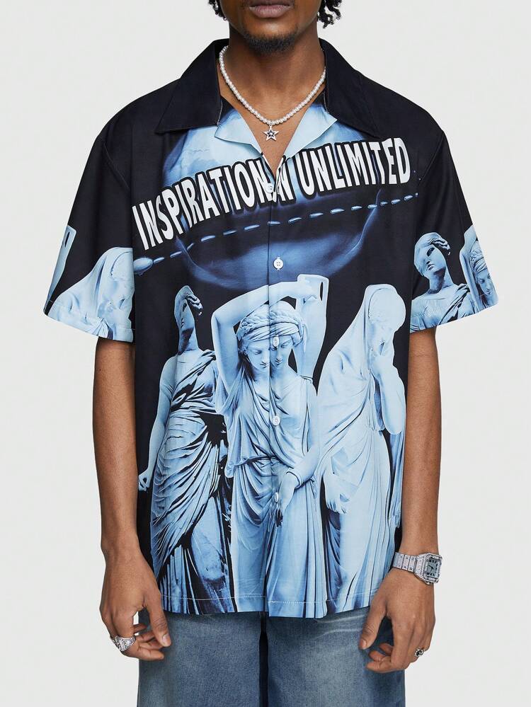 Men's Single-Breasted Sculpture Print Short Sleeve Shirt, Summer
