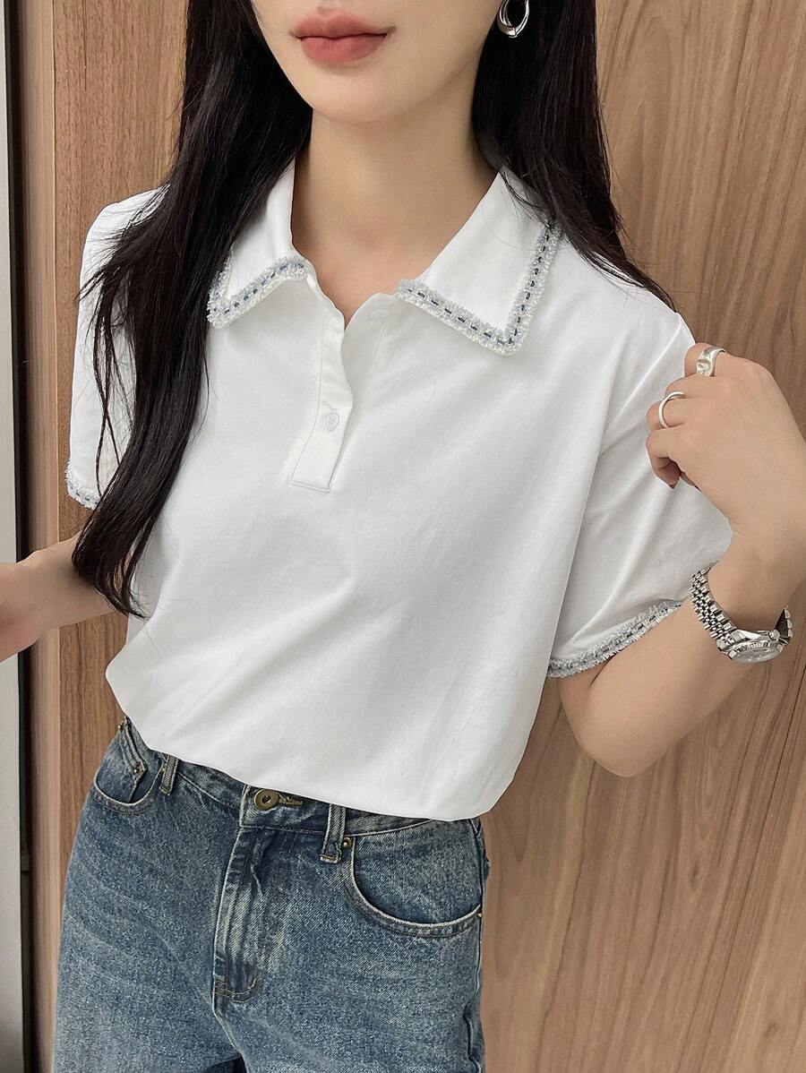 DAZY 女士立領休閒基礎短袖t卹 - 白色 - 查看 1