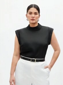 BizChic Plus Size Áo cổ đứng màu trơn, không tay, đa năng - màu đen - Xem 4
