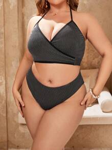 SHEIN Swim Curve 大码女式条纹吊带分体比基尼套装（3 件/套）夏季海滩 - 黑色 - 查看 5