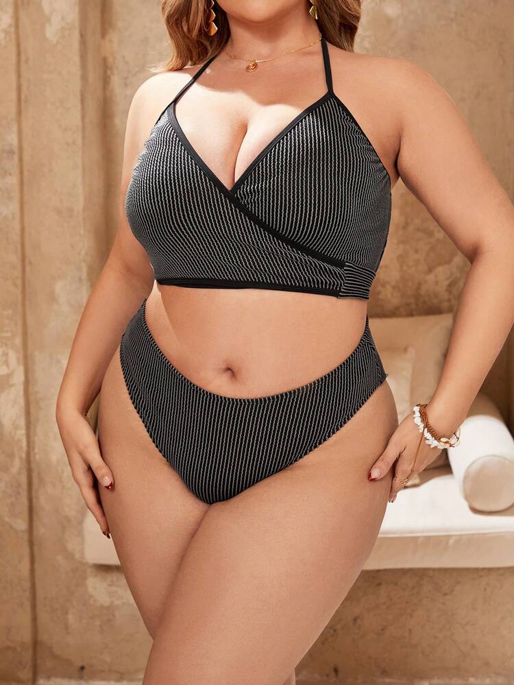 Plus Size Women's Striped Halter Strap Separated Bikini Set (3pcs/Set) Summer Beach