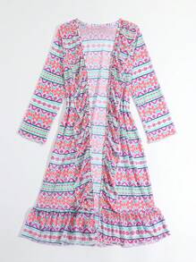 Japanese-Style Full Printed Ruffle Hem Kimono For Tween Girls