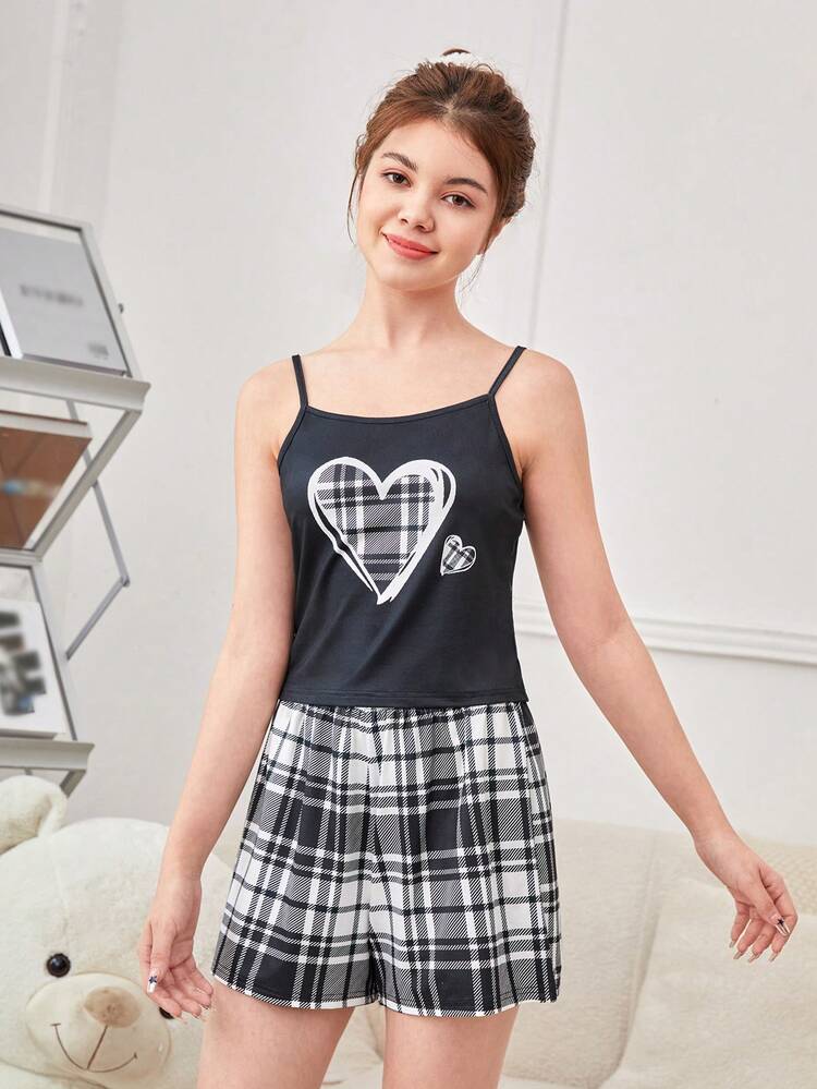 ティーンガールニットハートキャミソールトップとチェック柄ショーツ難燃性パジャマセット