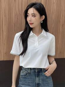 DAZY 女士立領休閒基礎短袖t卹 - 白色 - 查看 3