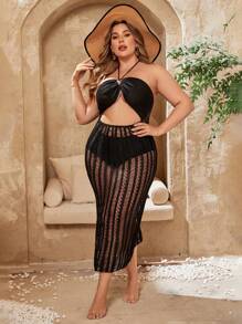 SHEIN Swim Curve 大码女式镂空腰部挂脖式后背系带罩衫 夏季 - 黑色 - 查看 4