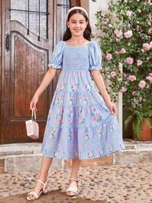 SHEIN Tween Girl Flower Printed Dress With Puff Sleeves, Smocked Top And Ruffle Detailing, Mommy And Me Matching Outfits (2 Pieces Are Sold Separately) - Blue - View 3