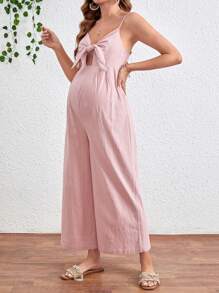 SHEIN Maternity Front Tie & Hollow Out Wide Leg Jumpsuit With Spaghetti Straps - Pink - View 6