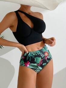 SHEIN Swim Bộ bikini hai mảnh in hình cây một bên vai đi biển mùa hè - Nhiều màu - Xem 7