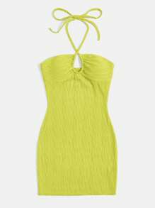 SHEIN EZwear Lime Green Halter Neck Bodycon Fashionable Dress - Lime Green - View 3