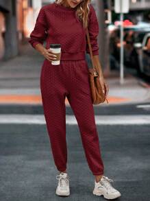 SHEIN Essnce Solid Drop Shoulder Sweatshirt & Sweatpants - Burgundy - View 3